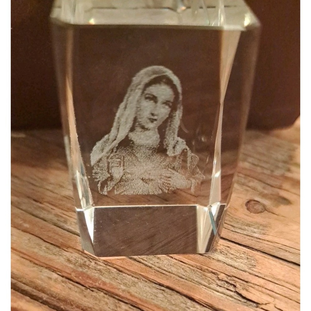 Virgin Mary Heart Crystal Glass Prism Square Clear Paperweight 3.0" Two Sided